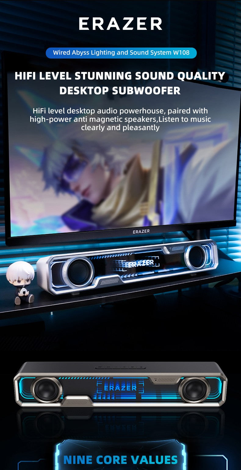 Lenovo Wired Bluetooth Speaker RGB Colorful Abyss light Effect Dual Speakers Dual Bass Diaphragm HIFI Stereo Surround Sound W108