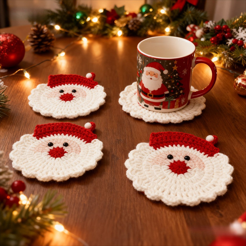 Handmade Crochet Santa Coasters Heat Resistant Drink Mats Uses for Holiday Table Decor Christmas Gift