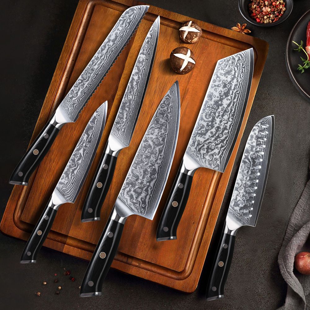 Conjunto de Facas TURWHO 1-6 Peças Aço Damasco 67 Camadas Facas de Cozinha Santoku Faca de Chef Faca Multiuso Para Pão Ferramentas de Cozinha