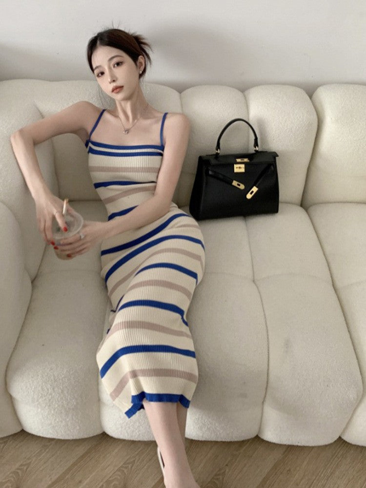 Elegant Camisole Dress Women's Summer New Sleeveless Slim Knitted Striped Midi D