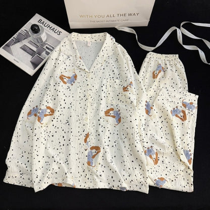 Harajuku Style Kawaii Sweet Loungewear 2 PC Set Line Star Dog Print Cute Casual Women's Pajamas Autumn Long New Fashion Homewear