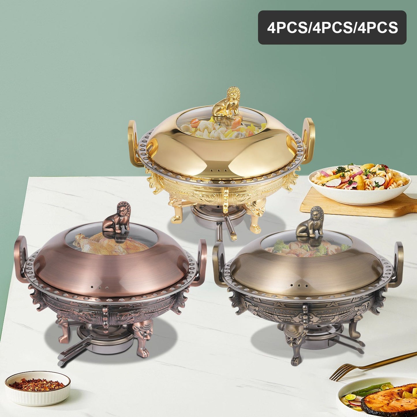 4PCS Chafing Dishes, Classical Round Chafing Buffet Set, Stainless Steel Chafers and Buffet Warmers Sets for Gatherings, Events