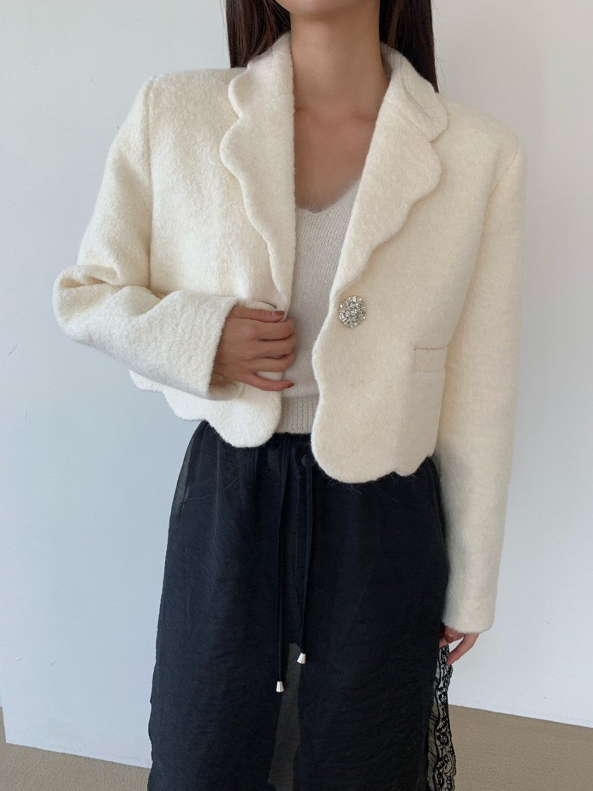 High-end Unique Button-down Woolen Cropped Coat Women Fall Winter Black White Jacket Vintage Design Long Sleeve Coats 2025