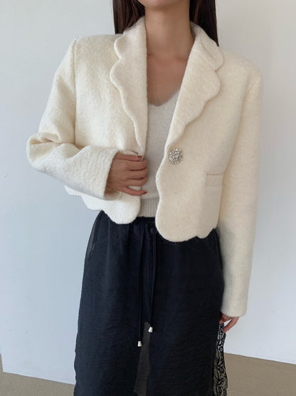 High-end Unique Button-down Woolen Cropped Coat Women Fall Winter Black White Jacket Vintage Design Long Sleeve Coats 2025