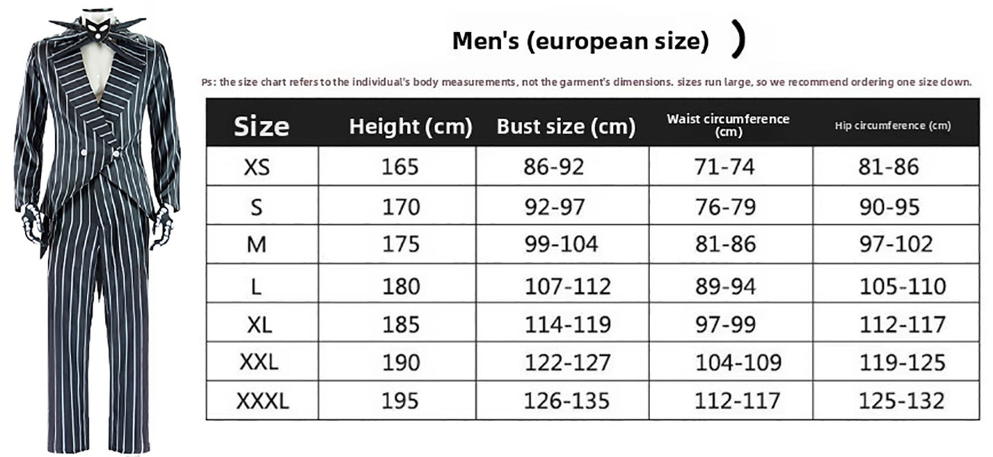 Anime Jack Skelington Black White Striped Cosplay Costume Men Retro Tailcoat Woman Dress Christmas Night Halloween Party Outfit