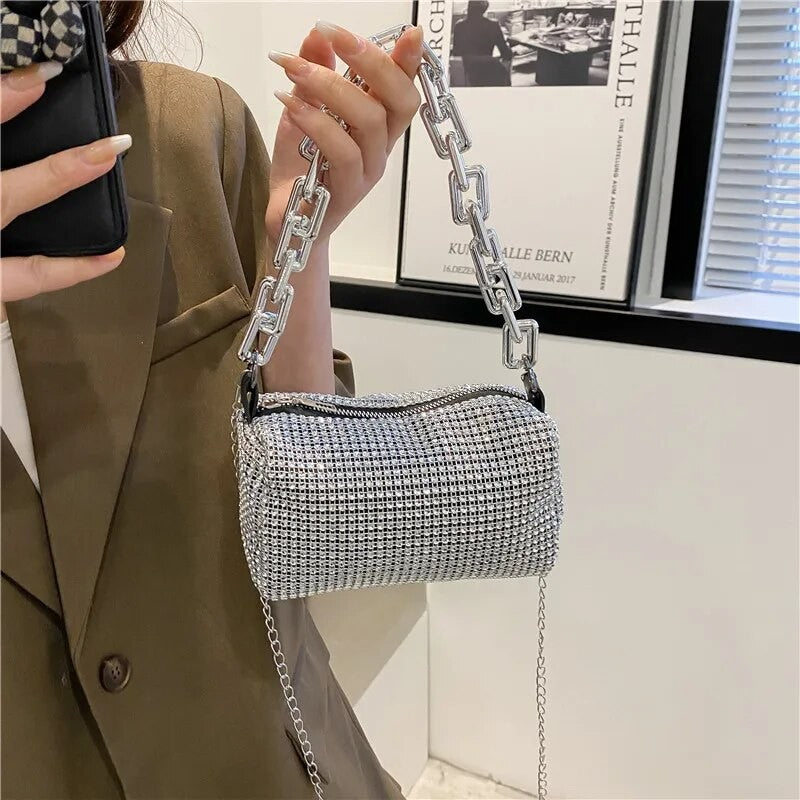 Luxury Rhinestone Bucket Bag Glitter Chain Prom Purse Women's Dinner Package Fashion Female Shoulder Bag