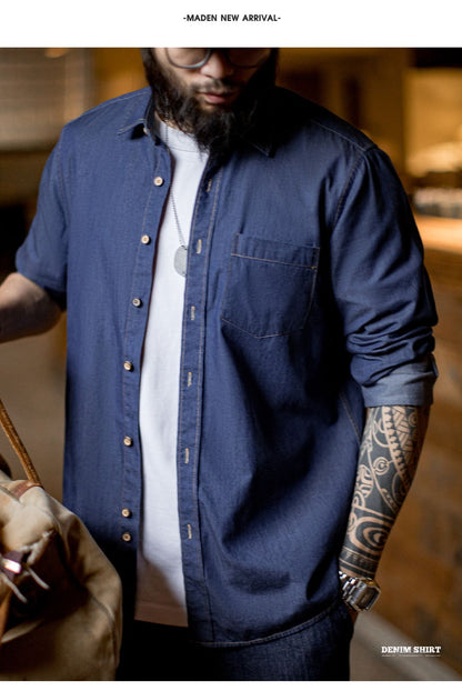 Maden Men Vintage Single Pocket Workwear Denim Shirt Long Sleeved Slim Fit Casual Shirt Single Breasted Turn-Down Collar Blouse