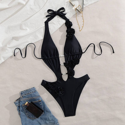2025 New 3D Flowers One Piece Swimsuit Women Solid Sexy Hollow Out Swimwear Tropical Summer Beachwear Bathing Suit Bodysuit