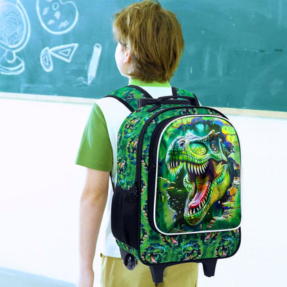 3Pcs Dinosaur Rolling Backpack for Boys, Kids School Backpacks with Wheels, Roller Bookbag for Elementary Preschool(Green)