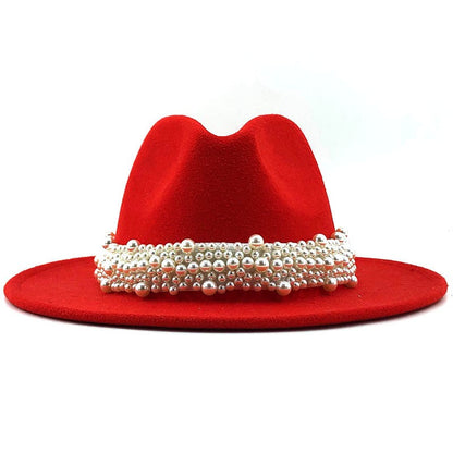 Chapéu Fedora De Lã Feminino Masculino Com Fita De Pérolas Cavalheiro Elegante Senhora Inverno Outono Aba Larga Igreja Panamá Sombrero Boné De Jazz 60CM