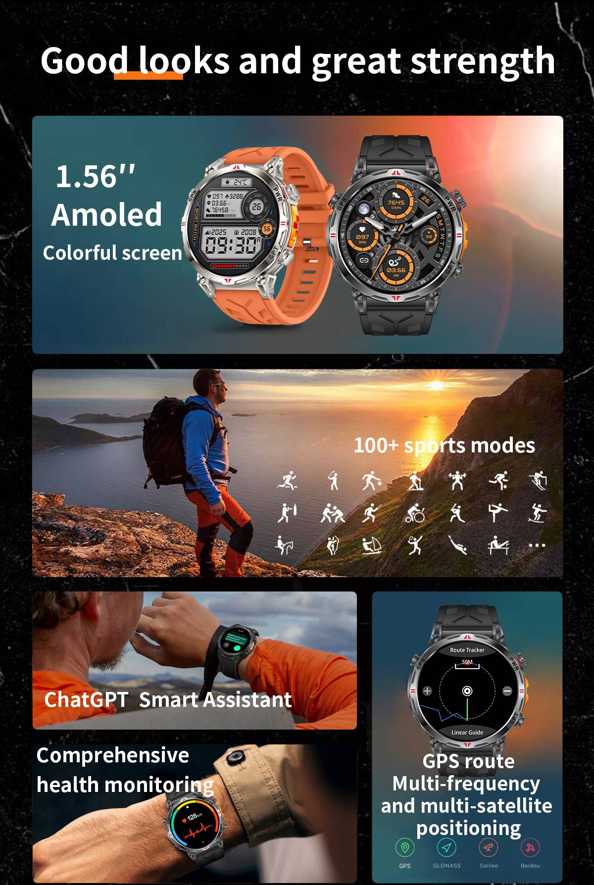Smartwatch Esportivo 2025 com GPS, GPT, AMOLED de 1,56 polegadas, 488*488, Monitoramento de Frequência Cardíaca, Oxigênio no Sangue e Pressão Arterial, 3ATM