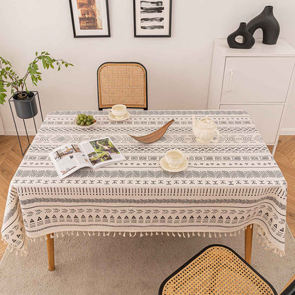 Vintage Boho Tassel Table Cloth Waterproof Cotton Linen Bohemian Tablecloth Patio Outdoor Wrinkle Free Table Protector Covers