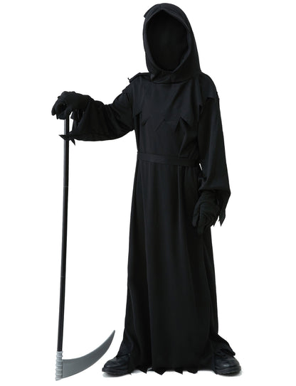 Halloween Grim Reaper Horror Costume Black Hooded Spooky Ghost Robe Dress Up Costume Adult Cosplay Mask Scythe Prop Party
