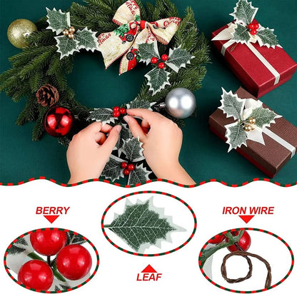 10-100pcs Artificial Holly Berries with Leaves for Christmas Wreath Flower Arrangement Gift Scrapbooking Decor Fake 5/6cm