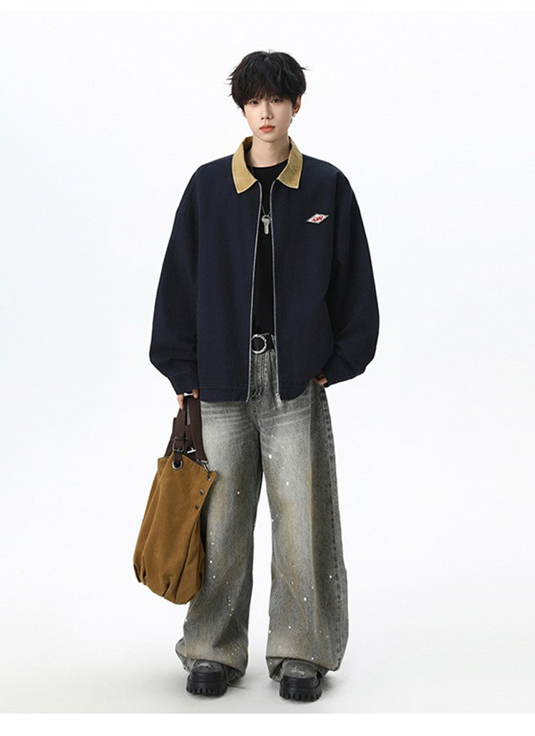 Maxbarley Trendy Cotton Jacket Men Autumn 2025 Hip-Hop Stitching Windproof Lapel Jackets K-Pop Antique Washed Motorcycle Coat