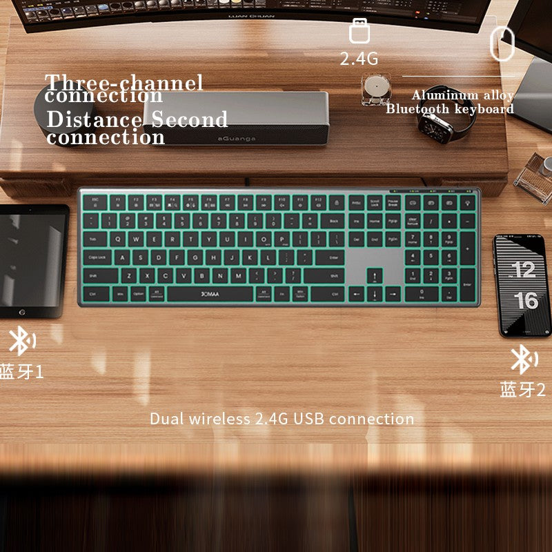 Teclado Bluetooth Retroiluminado Multidispositivo Tamanho Normal Teclado Sem Fio com Teclado Numérico, Teclado Multimídia Fino Recarregável