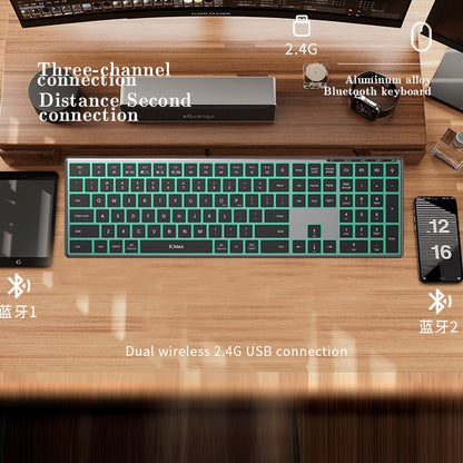Teclado Bluetooth Retroiluminado Multidispositivo Tamanho Normal Teclado Sem Fio com Teclado Numérico, Teclado Multimídia Fino Recarregável