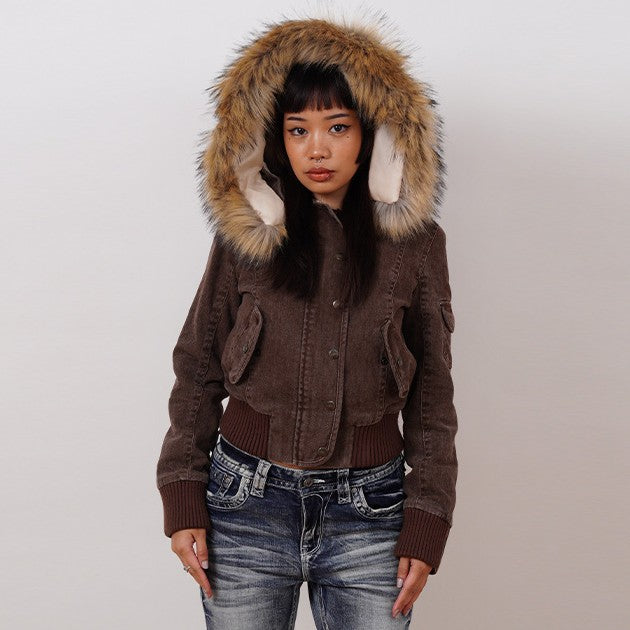 Vintage Brown Short Hooded Jacket Women's Full Sleeve Slim Detachable Fur Collar 2025 NEW Winter  Autumn Female Outerwear
