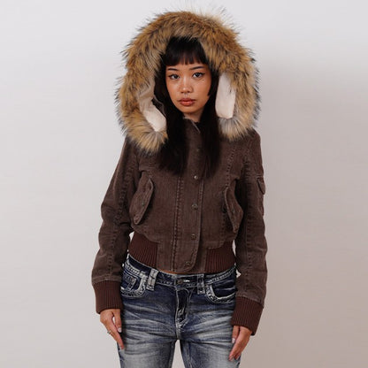Vintage Brown Short Hooded Jacket Women's Full Sleeve Slim Detachable Fur Collar 2025 NEW Winter  Autumn Female Outerwear
