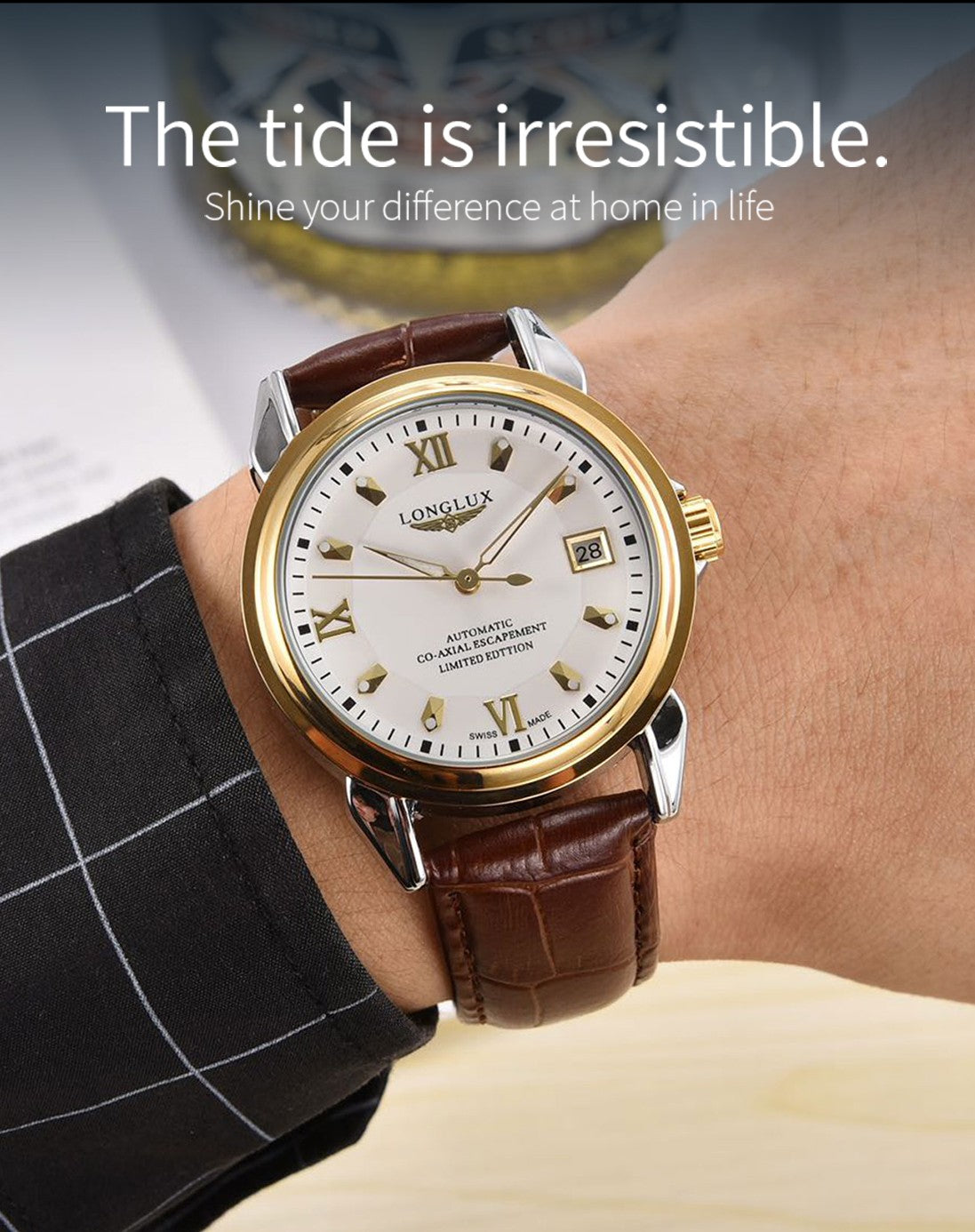 LONGLUX automatic man watch business leisure dating mechanical wristwatches day date waterproof leather  mens watch men gift