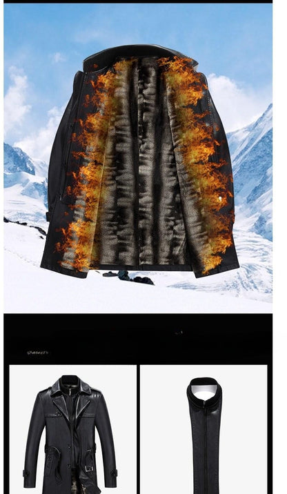 Fashion PU Leather Jacket Mid-length Fleece Thickened Windbreakers Suit Styles Large-sized Coats Overcoats Men's Slimming Trendy