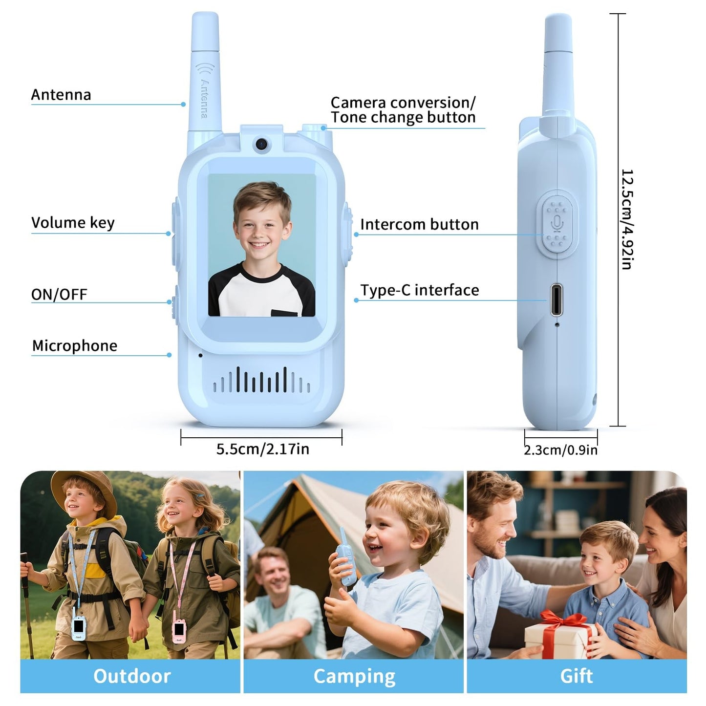 2Pcs Video Walkie Talkies for Kids 2-inch Video Intercom Rechargeable Voice Fonts One-Click Call Cartoon Intercom Toys Gift