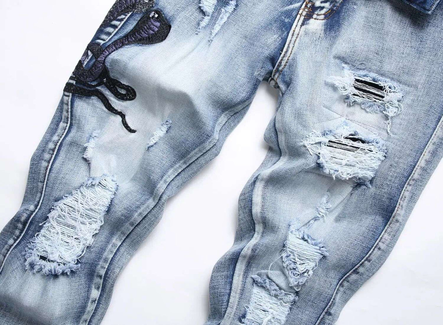 Blue Eyed Snake Embroidery Street Style Jeans For Teenagers Elastic Waist Cotton Material Casual Scene Suitable