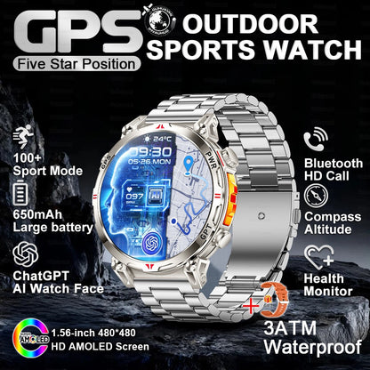 2025 Novo Relógio Inteligente Militar GPS para Exteriores Masculino 650mAh Bússola Altímetro 10ATM à Prova D'água Frequência Cardíaca Chamada Esportiva Smartwatch
