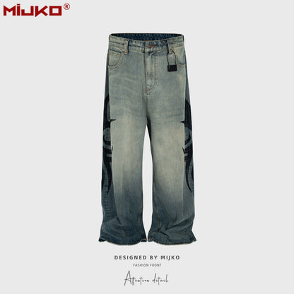 MIJKO New Retro Dragon Pattern Totem Print Bamboo Baggy Drawstring Washed Jeans For Men Women Denim Pants ZJ083