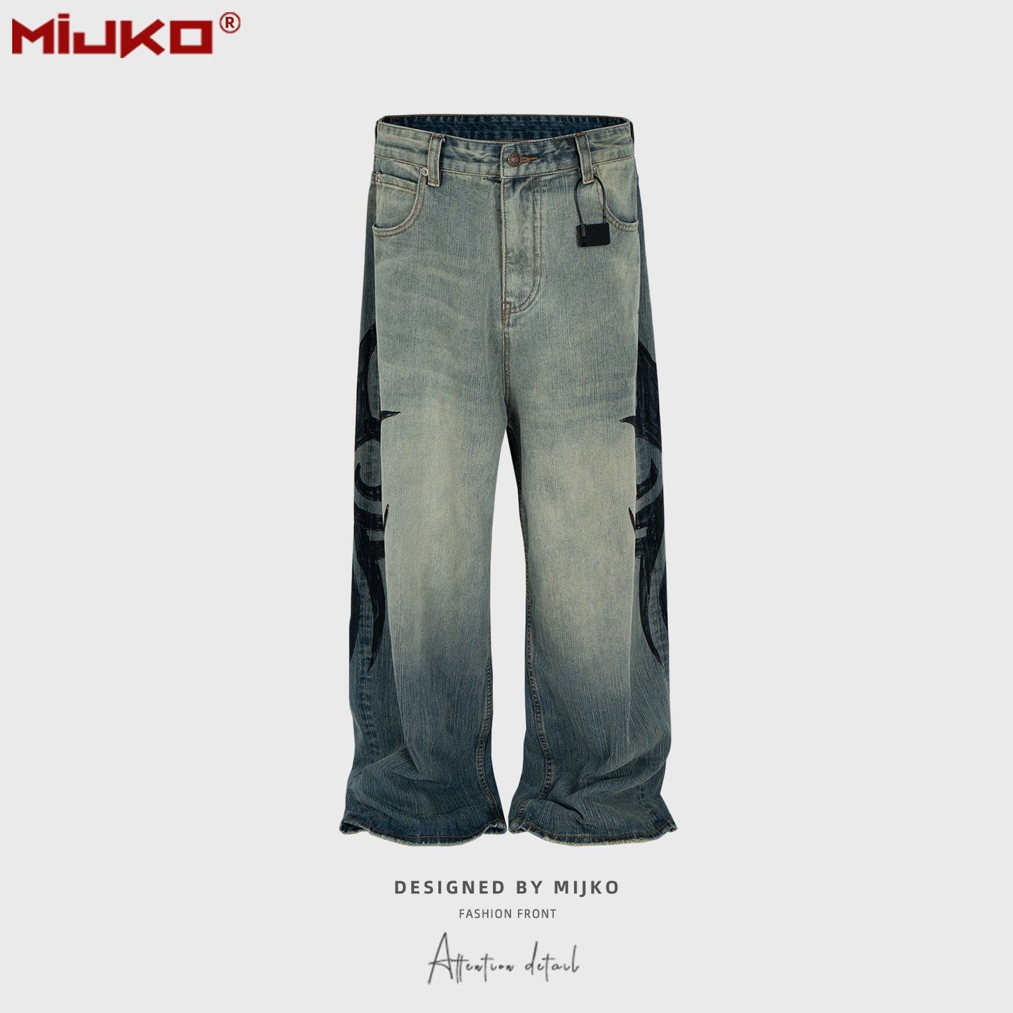 MIJKO New Retro Dragon Pattern Totem Print Bamboo Baggy Drawstring Washed Jeans For Men Women Denim Pants ZJ083