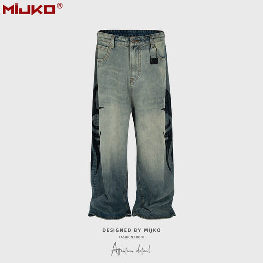 MIJKO New Retro Dragon Pattern Totem Print Bamboo Baggy Drawstring Washed Jeans For Men Women Denim Pants ZJ083