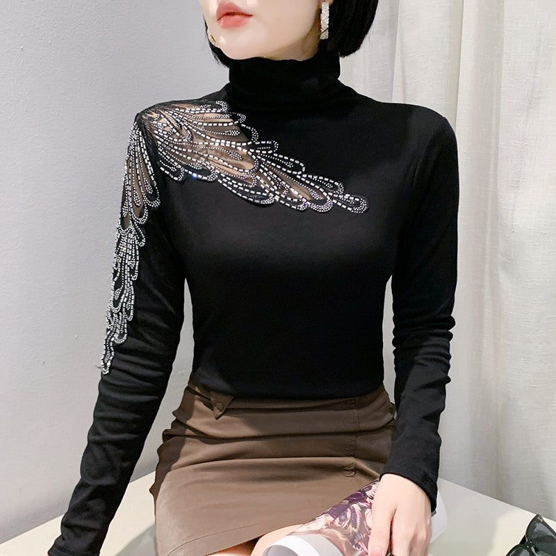 2025 European Station Long Sleeve Women Tees Autumn Winter New Stand collar Hot Diamond T Shirt Fashion Slim Mesh Tops