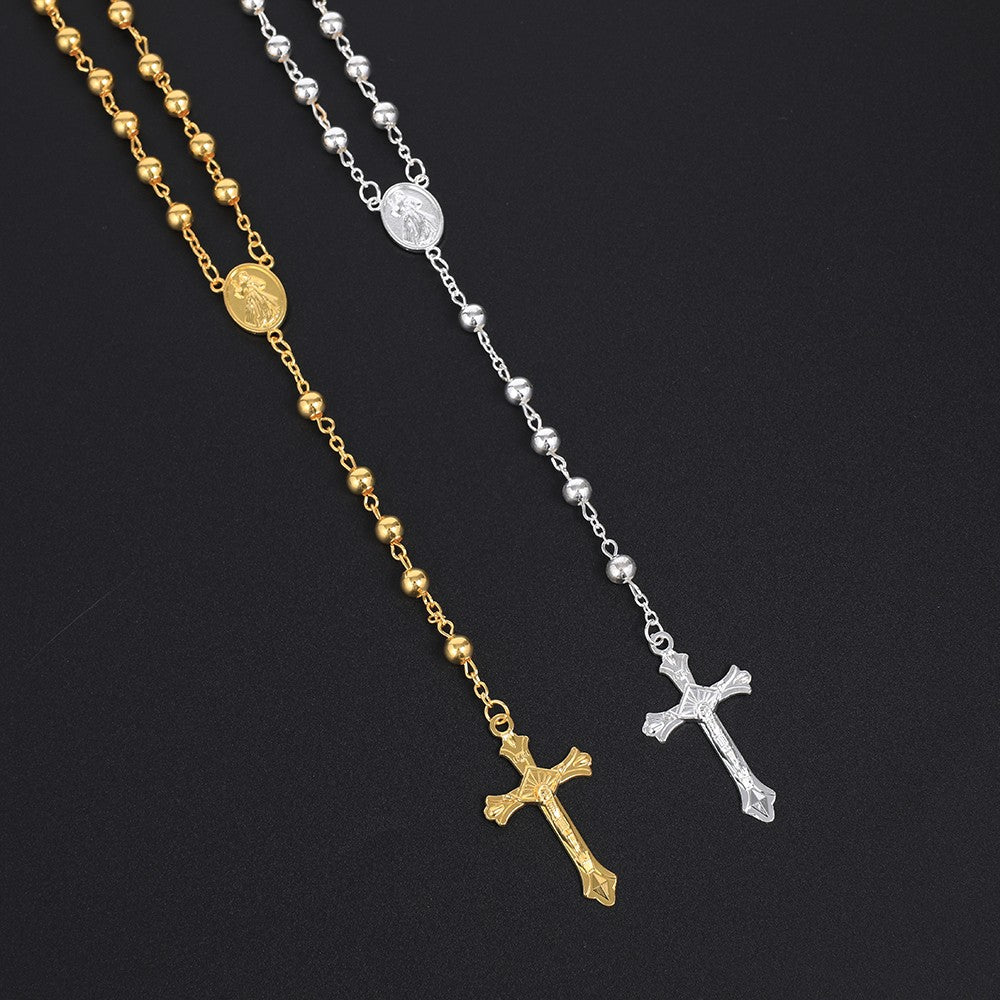 Colar Terço Cor Prata Para Mulheres Homens Miçangas De Metal De 6MM Corrente Longa Pingente Cruz Crucifixo Joia Religiosa Para Festa Presente