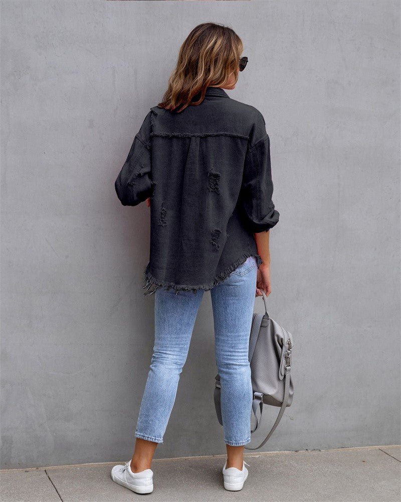 2023 Holes Raw-edges Denim Jacket Women Spring Autumn Shirt Style Jeancoat Casual Top Rose-Red Orange Purple Outerwear Lady Coat