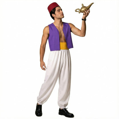 Anime Adult Aladdin Prince Costume Arabian Nights Cosplay with Belt and Hat for Halloween Party Performance God's Lamp Party Cos