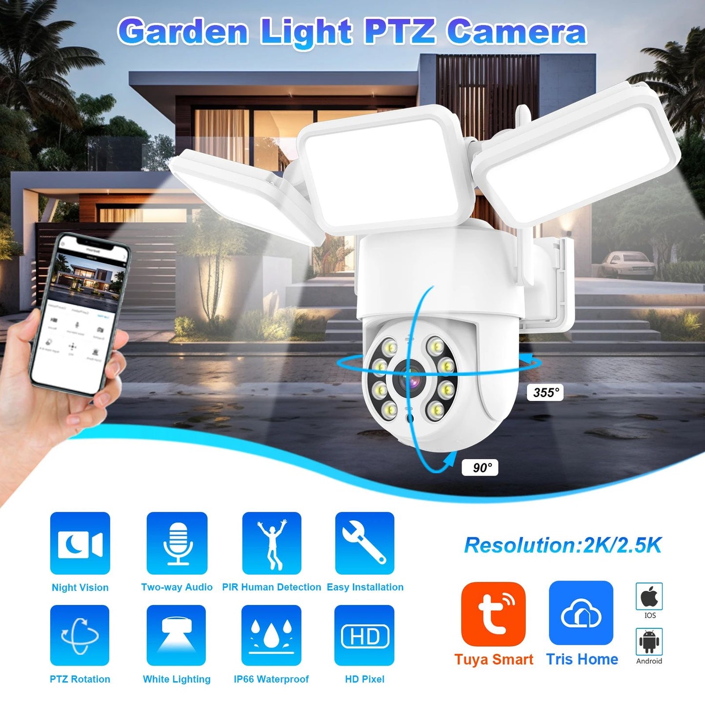 4MP Floodlight Camera Wifi PTZ Outdoor AI Humanoid Tracking Night Vision Cameras CCTV Smart Home Security Protection  Icsee App
