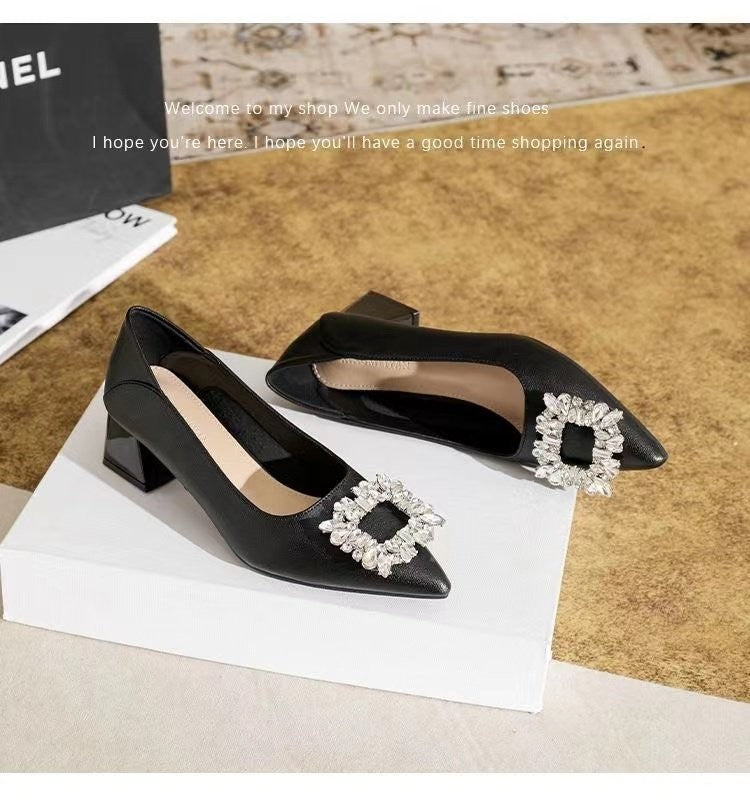 Women's Elegant Black Mid Block Heels Pumps with Crystal Rhinestone Pointed Toe Dress Shoes