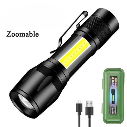 Lanterna LED de alta potência, recarregável via USB, com bateria embutida, super brilhante, para emergências e acampamento ao ar livre