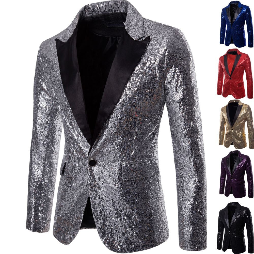 Men's Suit Round Sequin Pocket Single Row Button Wedding Groom Stage Show Hosting Dinner Menswear Bar Dance Casual Men Blazer