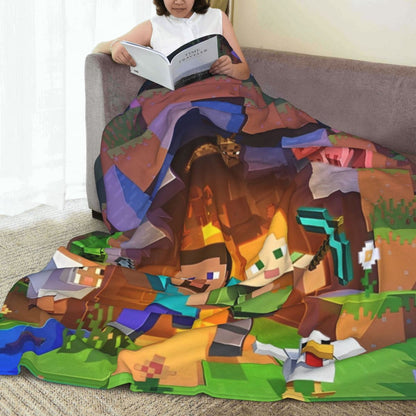 Cartoon Mines Pixel Game Crafts Flannel Blanket Super Warm Throw Blanket for Home Decor Decorative Street Trend Bedspread