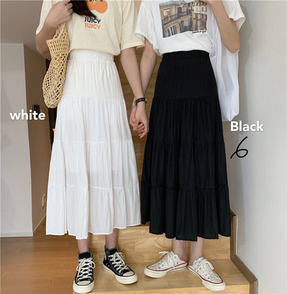 Spring Summer Women Chiffon Skirts Vintage High Waist Elastic Patchwork White Bl