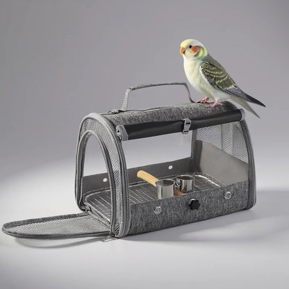 Gaiola de Pássaro para Transporte de Papagaio com Poleiro e Bandeja para Pássaros Pequenos Animais Periquito Agapornis Calopsita Cinza Africano Bolsa de Viagem para Animais de Estimação