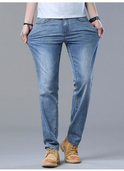 Calça Jeans Masculina Slim Fit 2024 de Material Fino ou Grosso Luxo Estilo Clássico Negócios Jeans Elástico Calças Masculinas Roupas