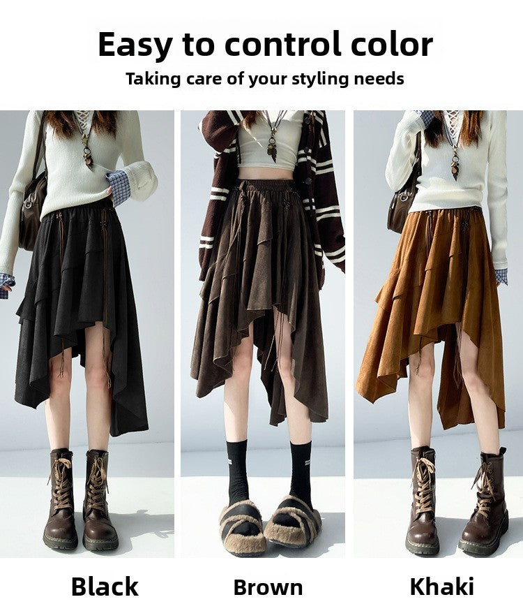 Caramel Suede Half-length Skirt Women's Autumn Winter New Irregular Belt Slim A- Line Midi Umbrella Skirt Comfortable Casual S .