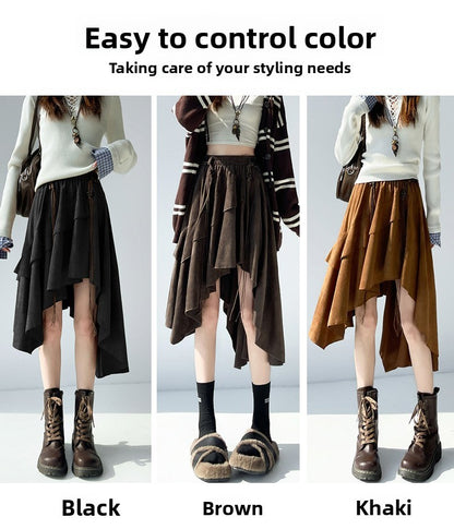 Caramel Suede Half-length Skirt Women's Autumn Winter New Irregular Belt Slim A- Line Midi Umbrella Skirt Comfortable Casual S .
