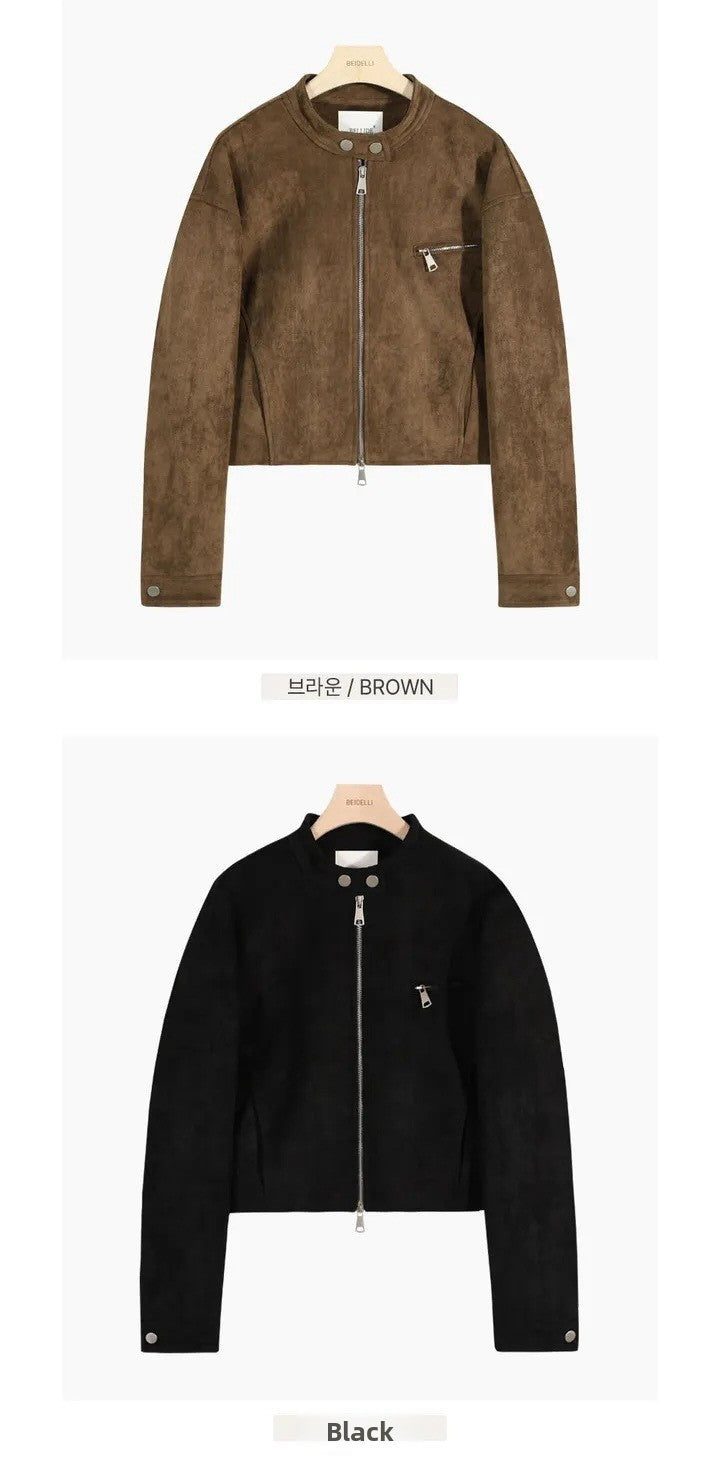 Retro American Coffee Brown Copper Zipper Button Short Jacket 2025 Autumn Trendy PU Leather Jacket Versatile for Dynamic Women