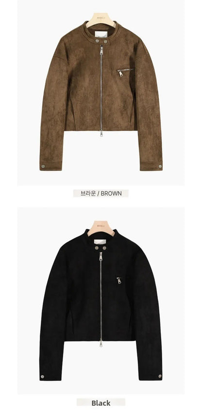 Retro American Coffee Brown Copper Zipper Button Short Jacket 2025 Autumn Trendy PU Leather Jacket Versatile for Dynamic Women