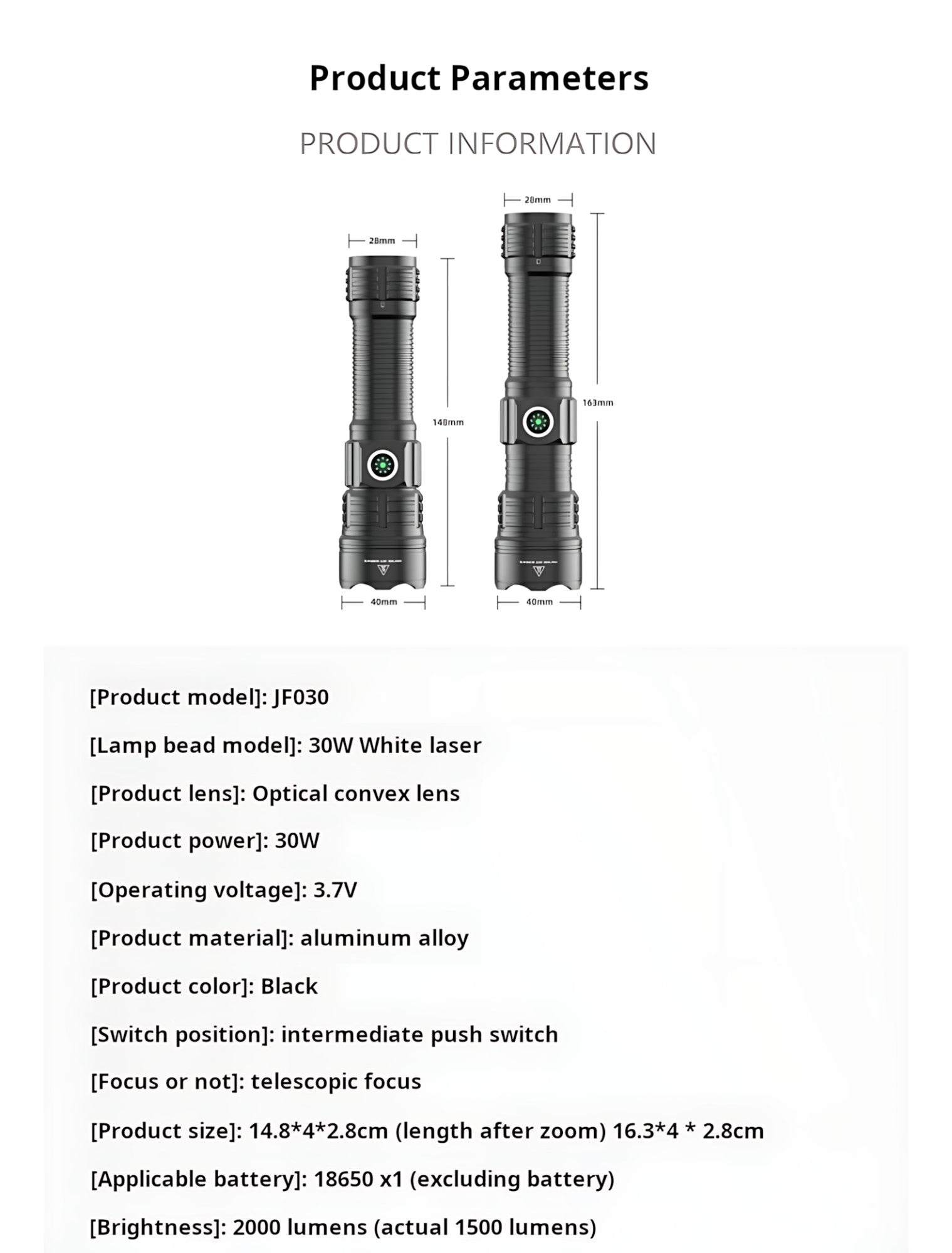 2000LM USB-C Rechargeable LED Flashlight Zoomable Beam Waterproof Outdoor Light with Mount Strobe Mode for Camping Cycling Emergency