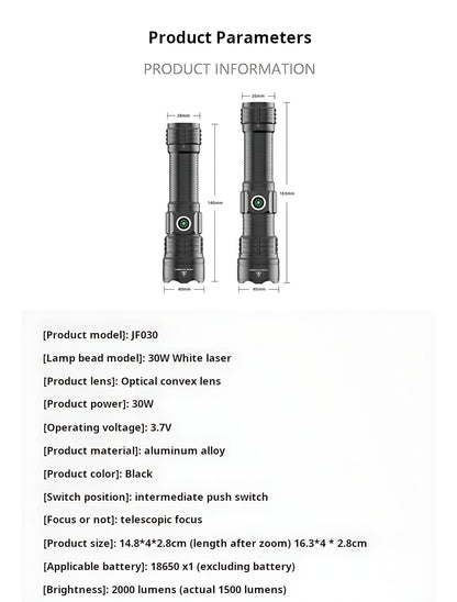 2000LM USB-C Rechargeable LED Flashlight Zoomable Beam Waterproof Outdoor Light with Mount Strobe Mode for Camping Cycling Emergency