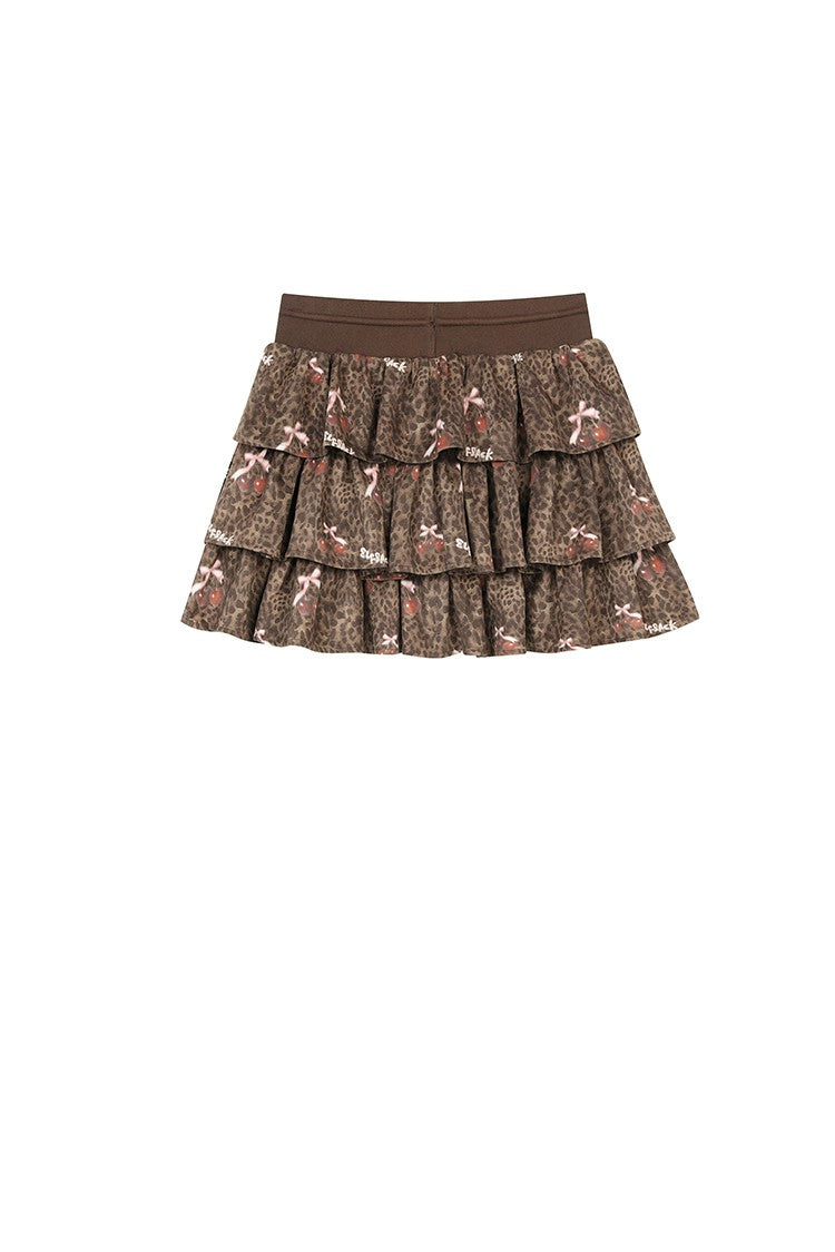 ELFSACK Y2K Sweet Leopard Bow Pleated Tiered Tie Short Skirt For Women